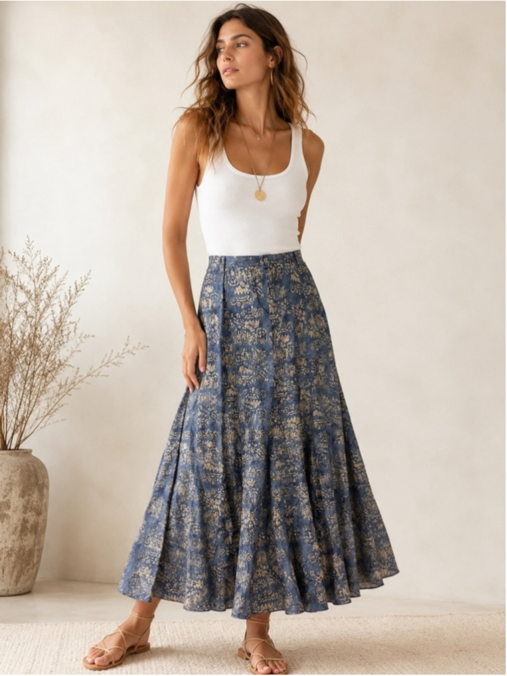 New Peruvian Connection Paracas Godet Skirt Blue Print 100% Cotton US 16